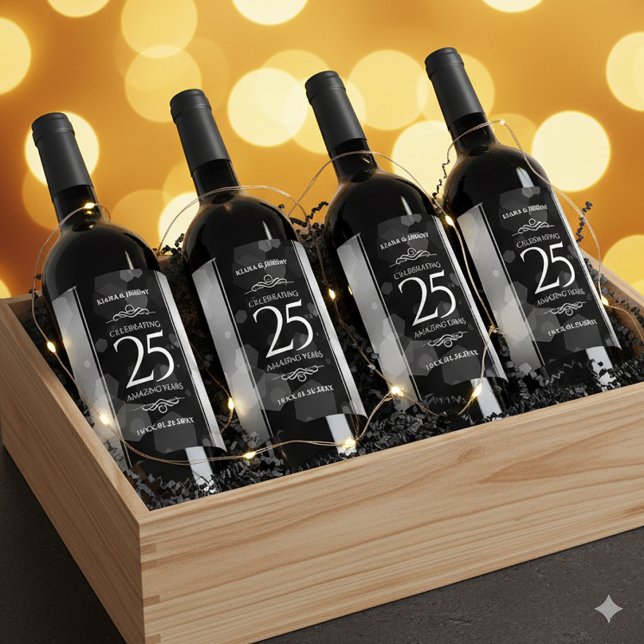 Elegant 25th Silver Wedding Anniversary Wine Label (25th Silver Wedding Anniversary Wine/Liquor Drink Label Cover Photo)