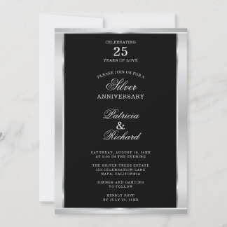 Elegant 25th Wedding Anniversary Black And Silver Invitation