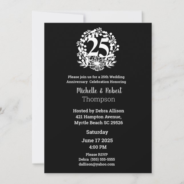 Elegant 25th Wedding Anniversary Black White  Invitation (Front)