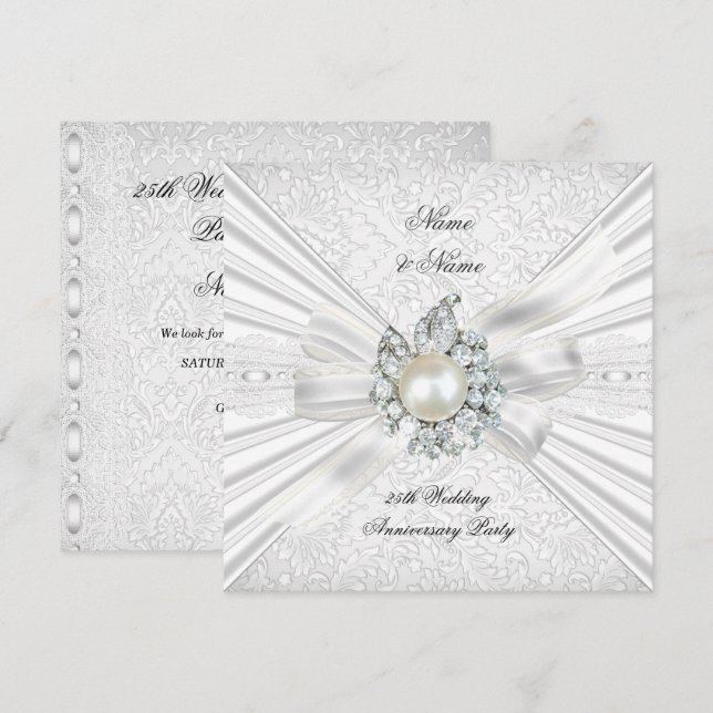 Elegant 25th Wedding Anniversary Party Lace White Invitation (Front/Back)