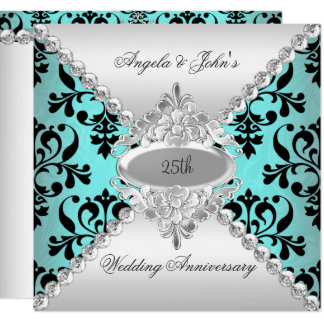 Elegant 25th Wedding Anniversary Teal Blue Damask Invitation