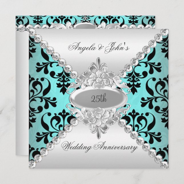 Elegant 25th Wedding Anniversary Teal Blue Damask Invitation (Front/Back)
