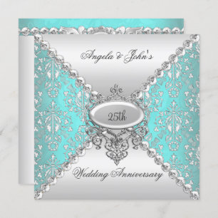 Elegant 25th Wedding Anniversary Teal Blue White Invitation