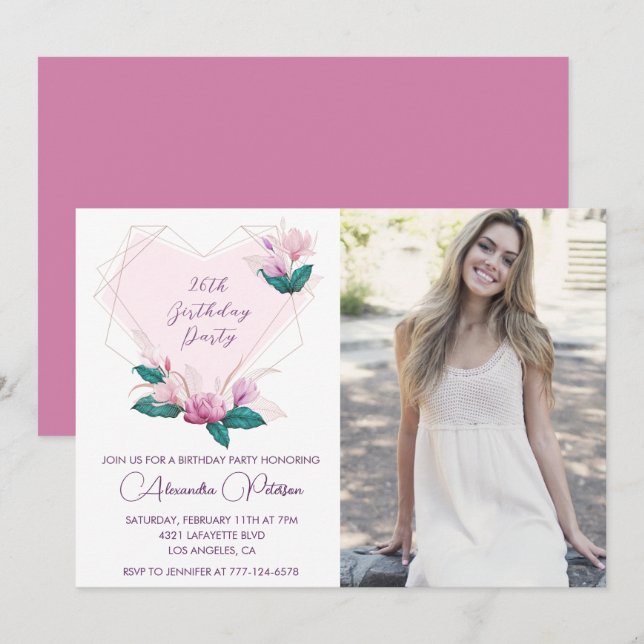 Elegant 26th birthday invitations Floral Photo (Front/Back)