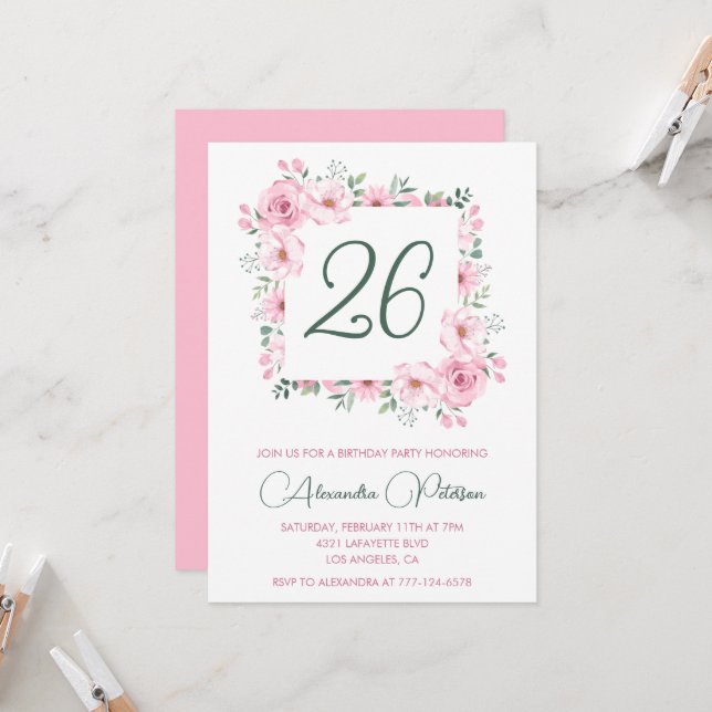 Elegant 26th birthday invitations Floral Pink  (Front/Back In Situ)