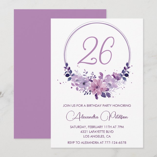 Elegant 26th birthday invitations Floral Purple (Front/Back)