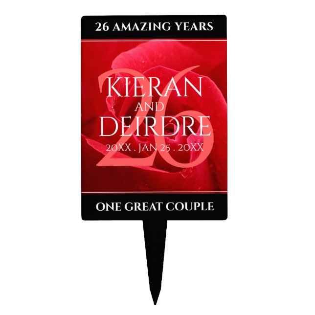 Elegant 26th Rose Wedding Anniversary Celebration Cake Topper (Front)