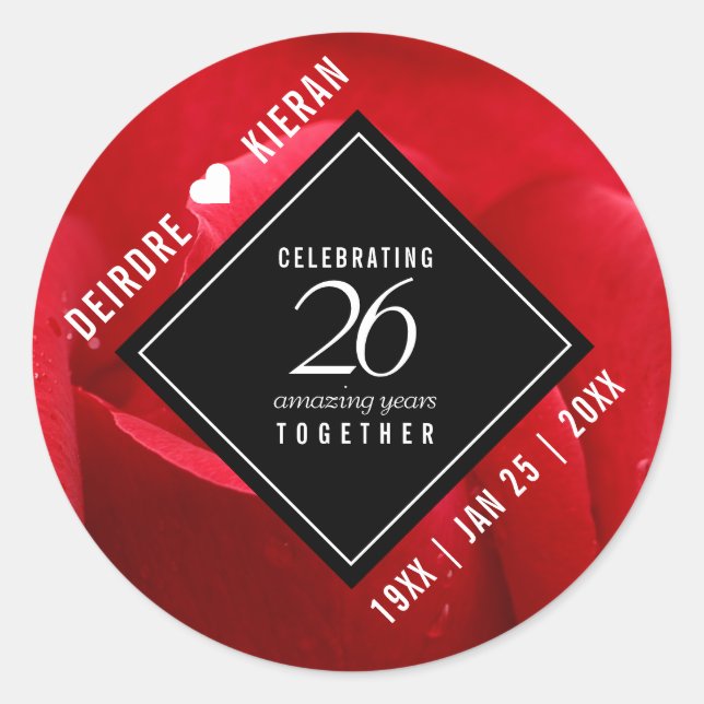 Elegant 26th Rose Wedding Anniversary Celebration Classic Round Sticker (Front)