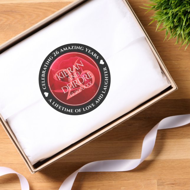 Elegant 26th Rose Wedding Anniversary Celebration Classic Round Sticker (Tissue Paper)