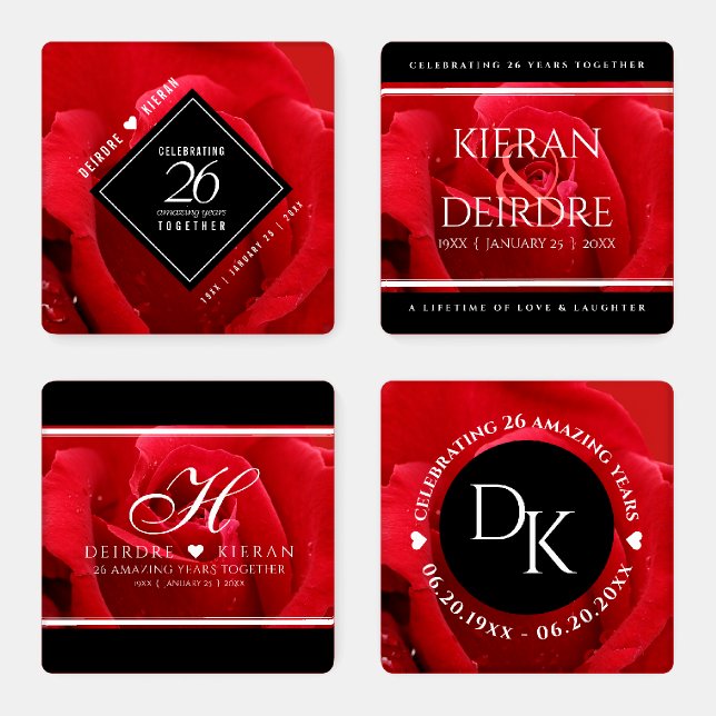 Elegant 26th Rose Wedding Anniversary Celebration Coaster Set (Set)