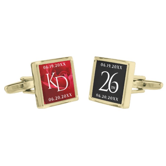 Elegant 26th Rose Wedding Anniversary Celebration Cufflinks (Angled)