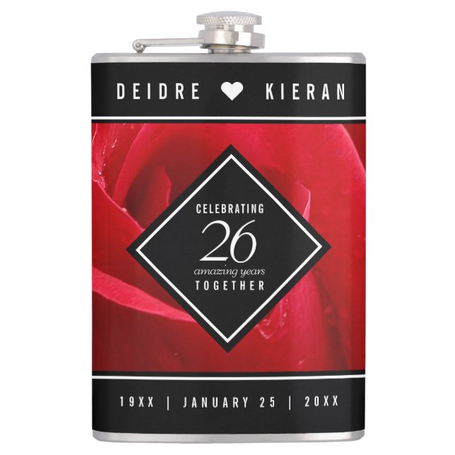 Elegant 26th Rose Wedding Anniversary Celebration Flask (Front)