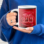 Elegant 26th Rose Wedding Anniversary Celebration Giant Coffee Mug<br><div class="desc">Celebrate the 26th rose wedding anniversary with a couple of these stylish giant coffee mugs! Elegant lettering on a romantic red rose background add a memorable touch for this special occasion and extraordinary milestone. Personalize with the couple's names, dates of marriage and/or congratulatory messages. Reverse shows identical design. Design ©...</div>