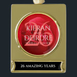 Elegant 26th Rose Wedding Anniversary Celebration Gold Plated Banner Ornament<br><div class="desc">Celebrate the 26th rose wedding anniversary with this commemorative banner ornament! Elegant white lettering on a romantic red rose background add a memorable touch for this special occasion and extraordinary milestone. Personalize with couple's names,  dates of marriage,  and congratulatory message.

Design © W.H. Sim. See more at zazzle.com/expressionsoccasions</div>