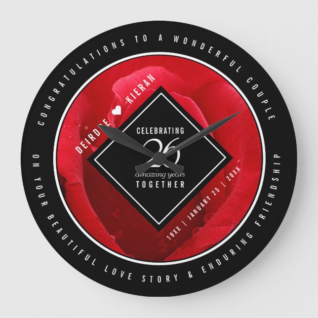 Elegant 26th Rose Wedding Anniversary Celebration Large Clock (Front)
