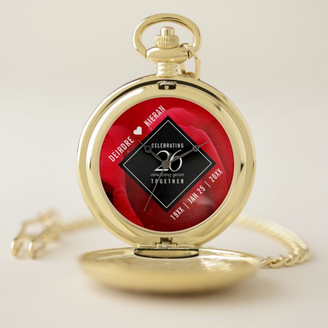 Elegant 26th Rose Wedding Anniversary Celebration Pocket Watch (Inside)