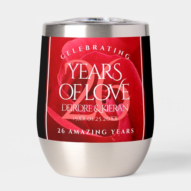 Elegant 26th Rose Wedding Anniversary Celebration Thermal Wine Tumbler (Front)