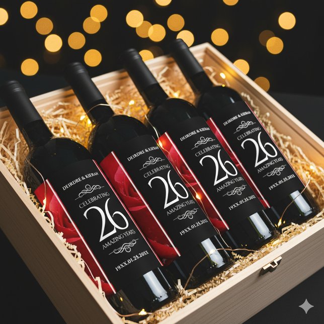 Elegant 26th Rose Wedding Anniversary Celebration Wine Label (26th Rose Wedding Anniversary Wine/Liquor Drink Labels Cover Photo)
