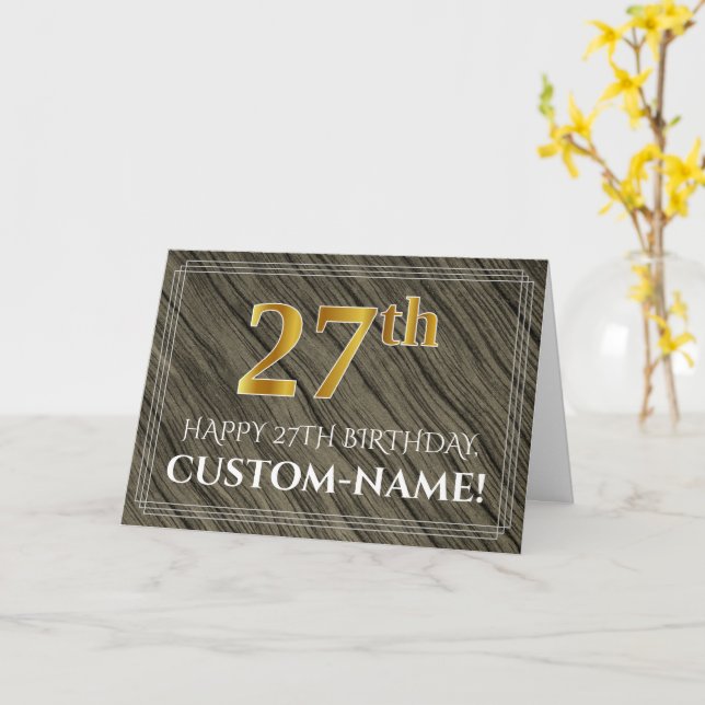 Elegant 27th Birthday: Faux Wood, Faux Gold Look Card (Yellow Flower)