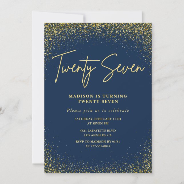Elegant 27th birthday invitation Navy Gold Glitter (Front)