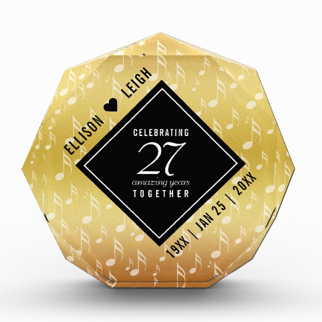 Elegant 27th Music Wedding Anniversary Celebration Acrylic Award (Front)