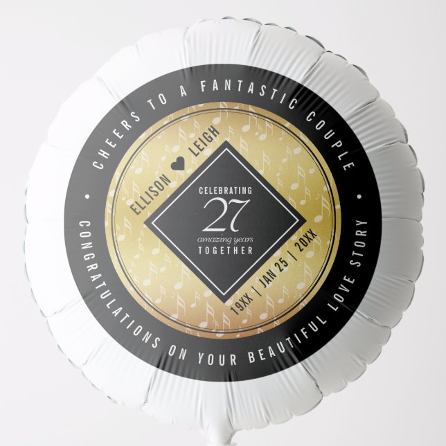 Elegant 27th Music Wedding Anniversary Celebration Balloon (Front)
