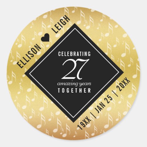 Elegant 27th Music Wedding Anniversary Celebration Classic Round Sticker