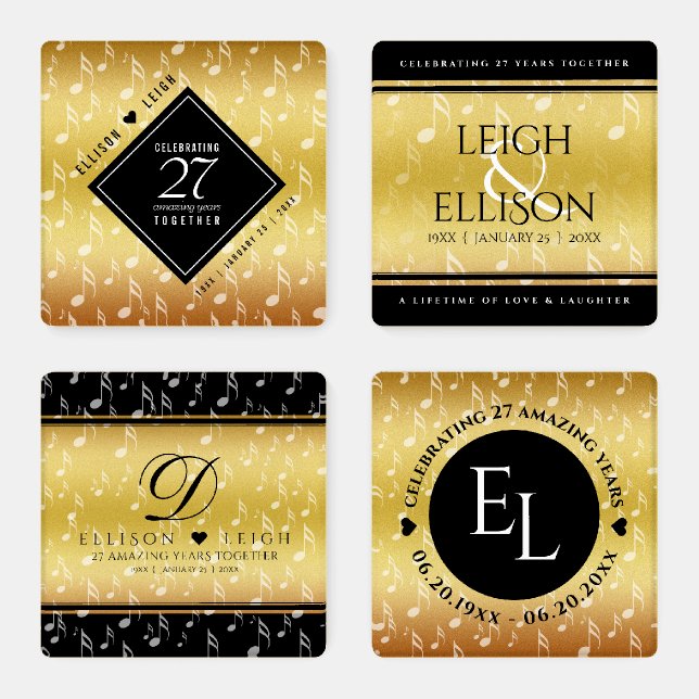 Elegant 27th Music Wedding Anniversary Celebration Coaster Set (Set)