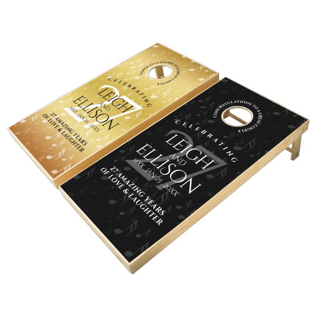 Elegant 27th Music Wedding Anniversary Celebration Cornhole Set (Angled)