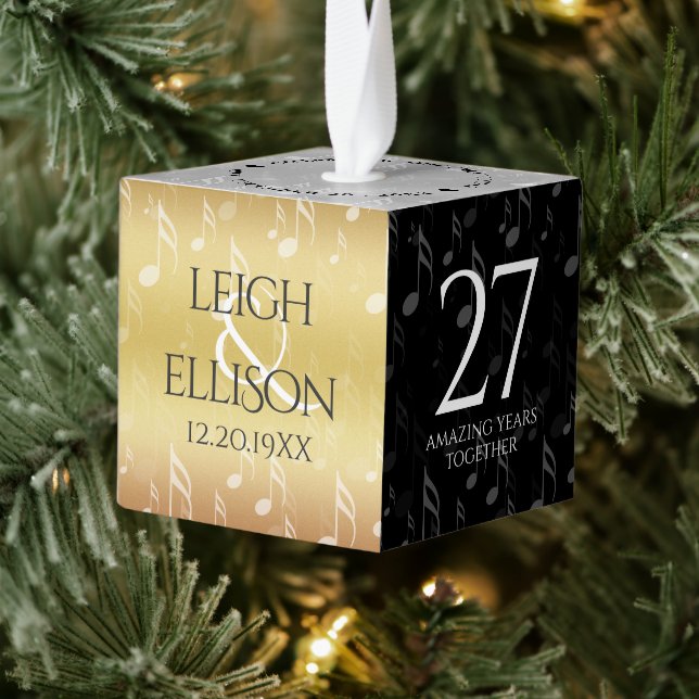 Elegant 27th Music Wedding Anniversary Celebration Cube Ornament (Tree)