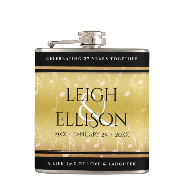 Elegant 27th Music Wedding Anniversary Celebration Flask (Front)