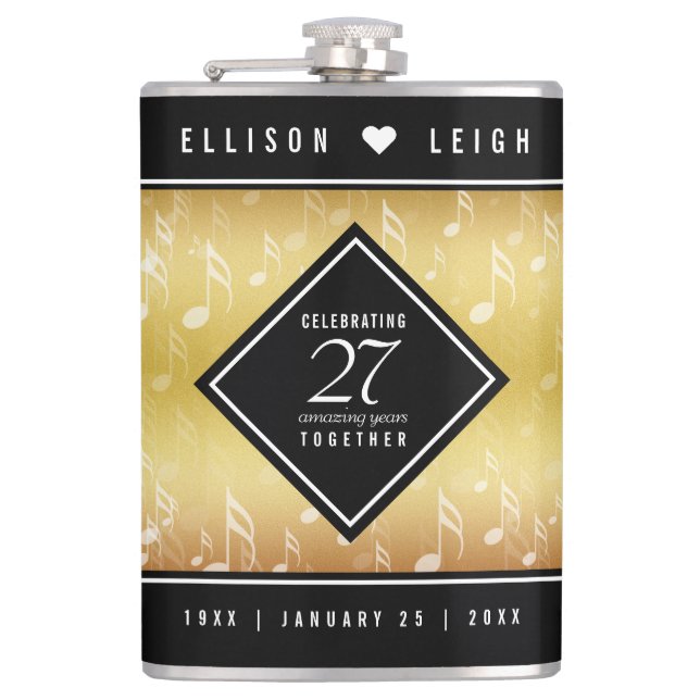 Elegant 27th Music Wedding Anniversary Celebration Flask (Front)