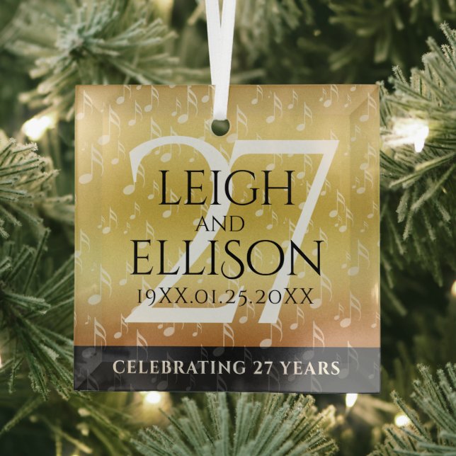 Elegant 27th Music Wedding Anniversary Celebration Glass Ornament (Insitu)