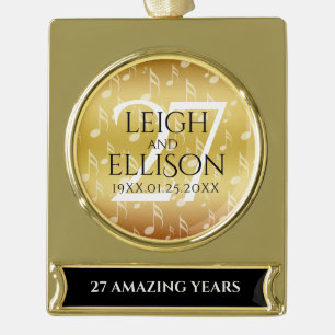 Elegant 27th Music Wedding Anniversary Celebration Gold Plated Banner Ornament