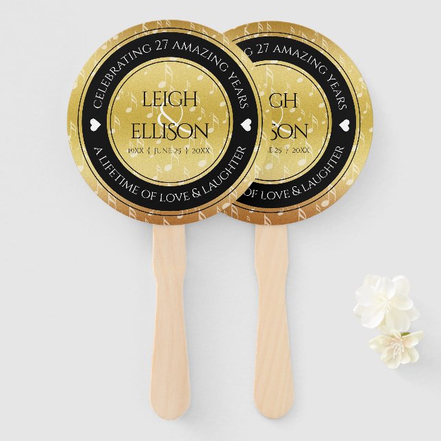 Elegant 27th Music Wedding Anniversary Celebration Hand Fan (Front and Back)