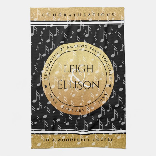 Elegant 27th Music Wedding Anniversary Celebration Kitchen Towel (Vertical)