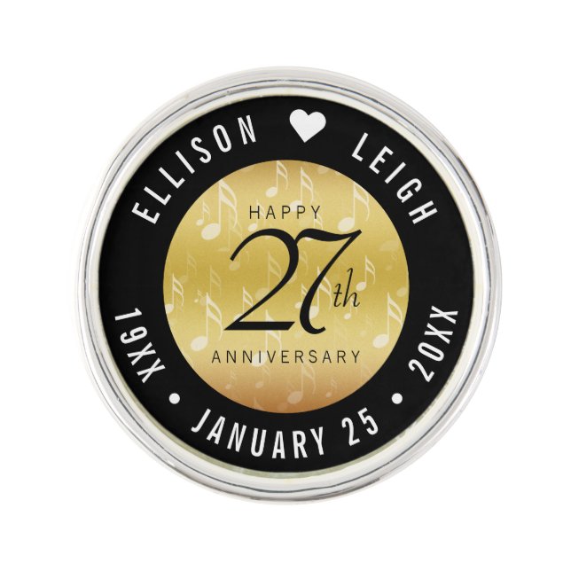 Elegant 27th Music Wedding Anniversary Celebration Lapel Pin (Front)