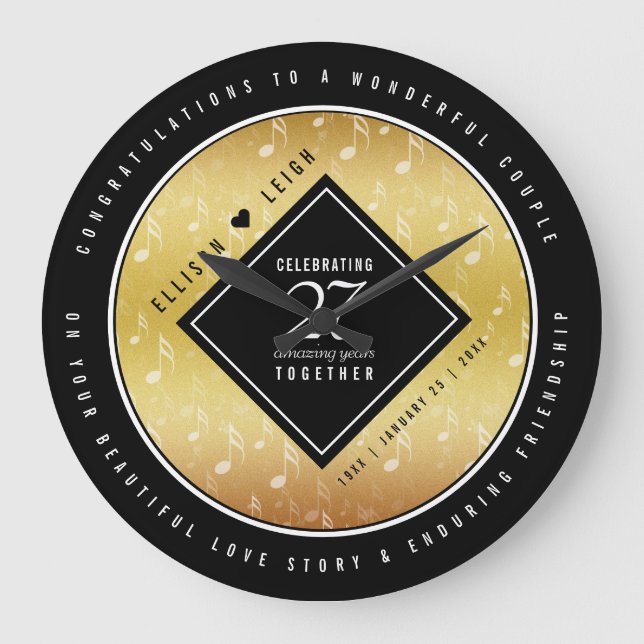 Elegant 27th Music Wedding Anniversary Celebration Large Clock (Front)