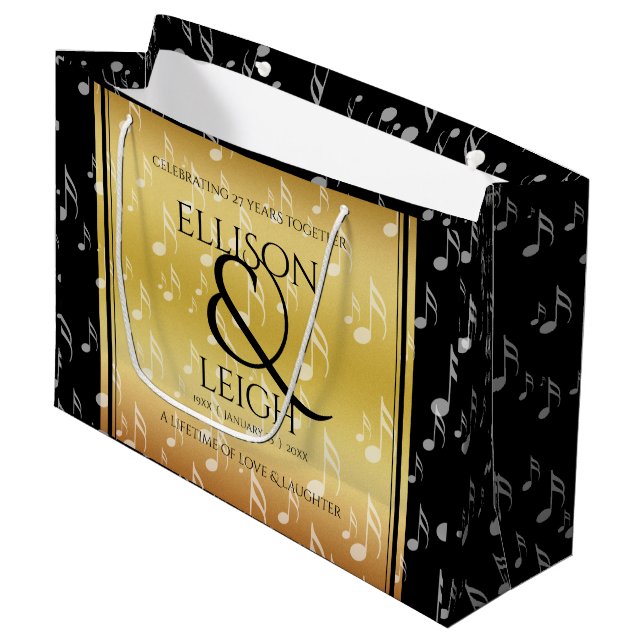 Elegant 27th Music Wedding Anniversary Celebration Large Gift Bag (Front Angled)