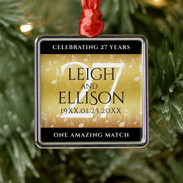 Elegant 27th Music Wedding Anniversary Celebration Metal Ornament (Tree)