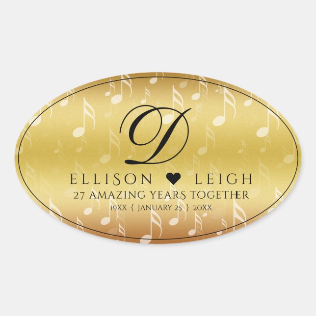 Elegant 27th Music Wedding Anniversary Celebration Oval Sticker (Front)