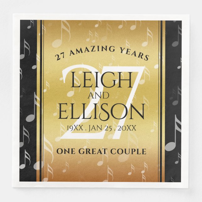 Elegant 27th Music Wedding Anniversary Celebration Paper Dinner Napkins (Front)