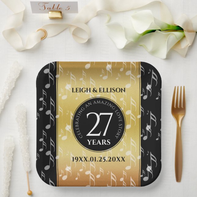 Elegant 27th Music Wedding Anniversary Celebration Paper Plates (Wedding)