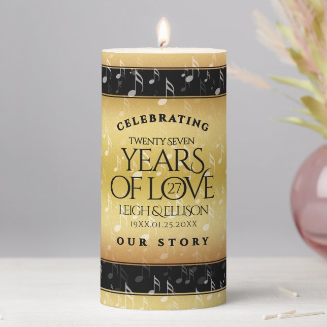 Elegant 27th Music Wedding Anniversary Celebration Pillar Candle (In Situ)