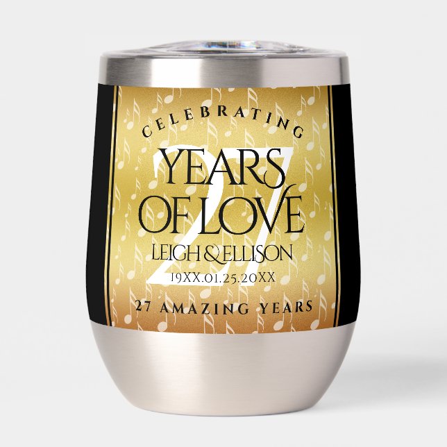 Elegant 27th Music Wedding Anniversary Celebration Thermal Wine Tumbler (Front)