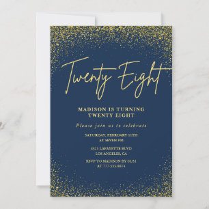 Elegant 28th birthday invitation Navy Gold Glitter