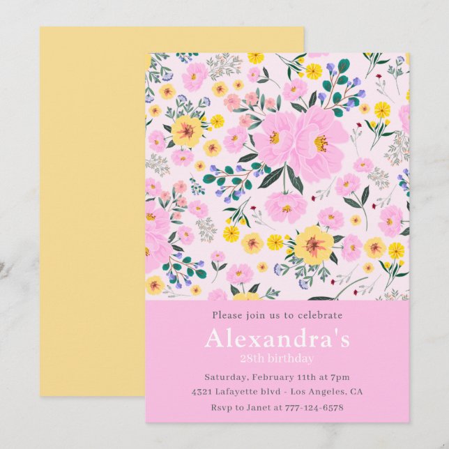 Elegant 28th birthday invitations Floral Chic Pink (Front/Back)