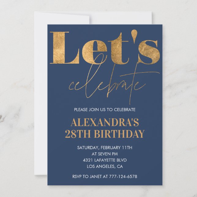 Elegant 28th birthday invitations Navy Gold  (Front)