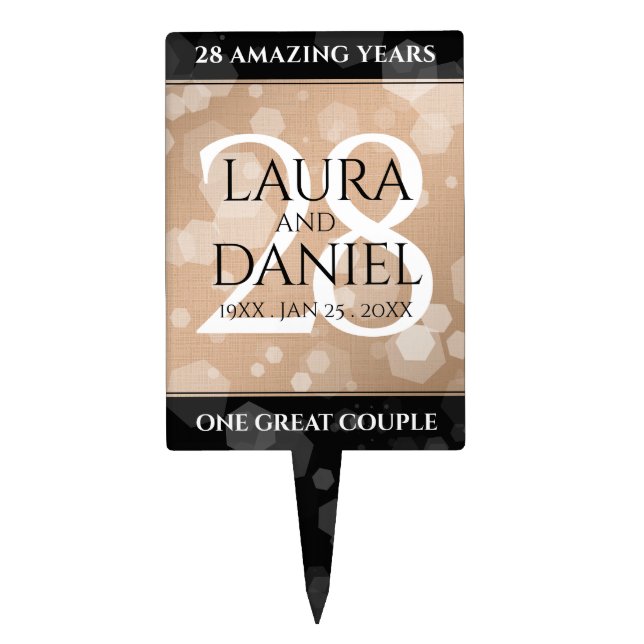 Elegant 28th Linen Wedding Anniversary Celebration Cake Topper (Front)