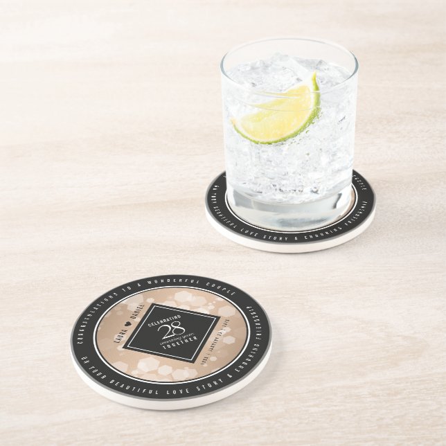 Elegant 28th Linen Wedding Anniversary Celebration Coaster (Side)